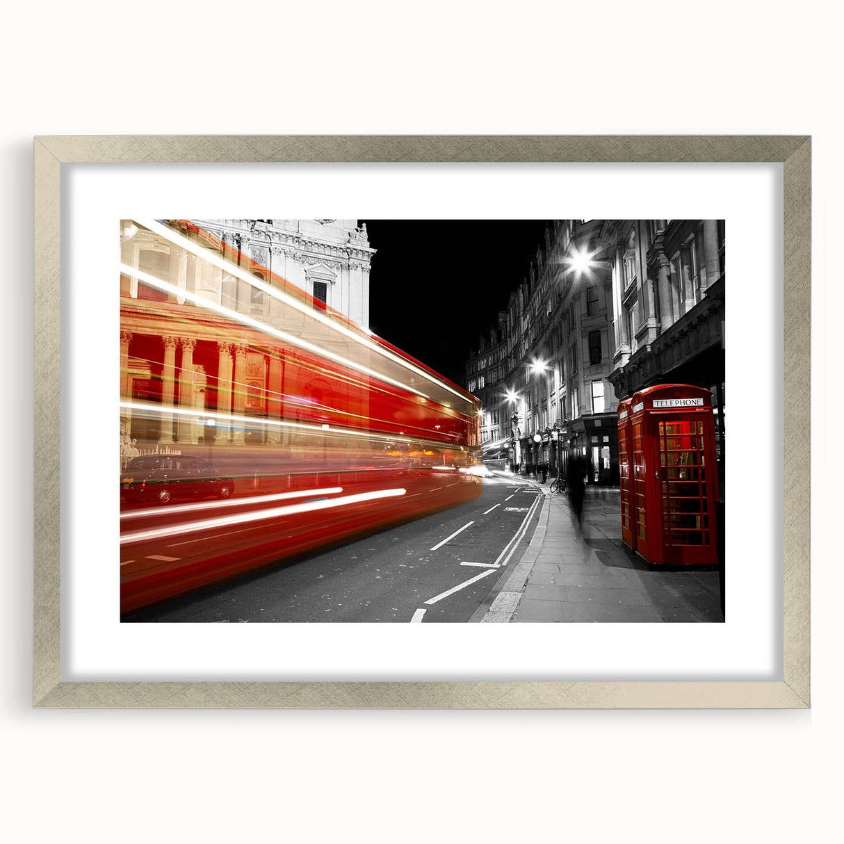 Extra large wall art featuring an abstract depiction of London's skyline in textured grays and blues, framed in silver.