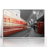 Mid-century modernist art of London skyline in muted gray and blue tones on a framed acrylic print.