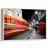 Vintage poster art of London scenery on framed canvas, featuring colorful and black elements, ideal for living room decor.