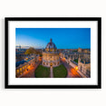 Colorful abstract art print of Oxford scenery in vibrant hues on a textured, framed canvas, ideal for living room decor.
