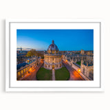 Textured abstract art print of Oxford scenery in muted earth tones, framed with a white mat, ideal for bedroom wall decor.