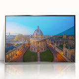 Large art print of Oxford scenery in muted earth tones, framed in silver acrylic, suitable for modern nursery decor.