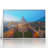 Mid-century modernist art of Oxford scenery in muted tones on framed acrylic, suitable for nursery wall decor.