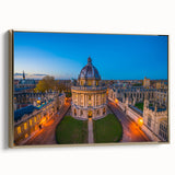 Framed canvas of a vintage-style Oxford landscape in black and gold tones, ideal for bedroom wall art.