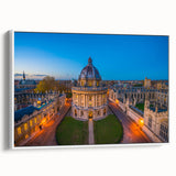 Vintage poster art of Oxford, featuring muted earth tones on a framed canvas, ideal for living room decor.
