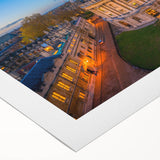 Art deco poster of Oxford skyline in muted earth tones on rolled canvas, suitable for dining room decor.