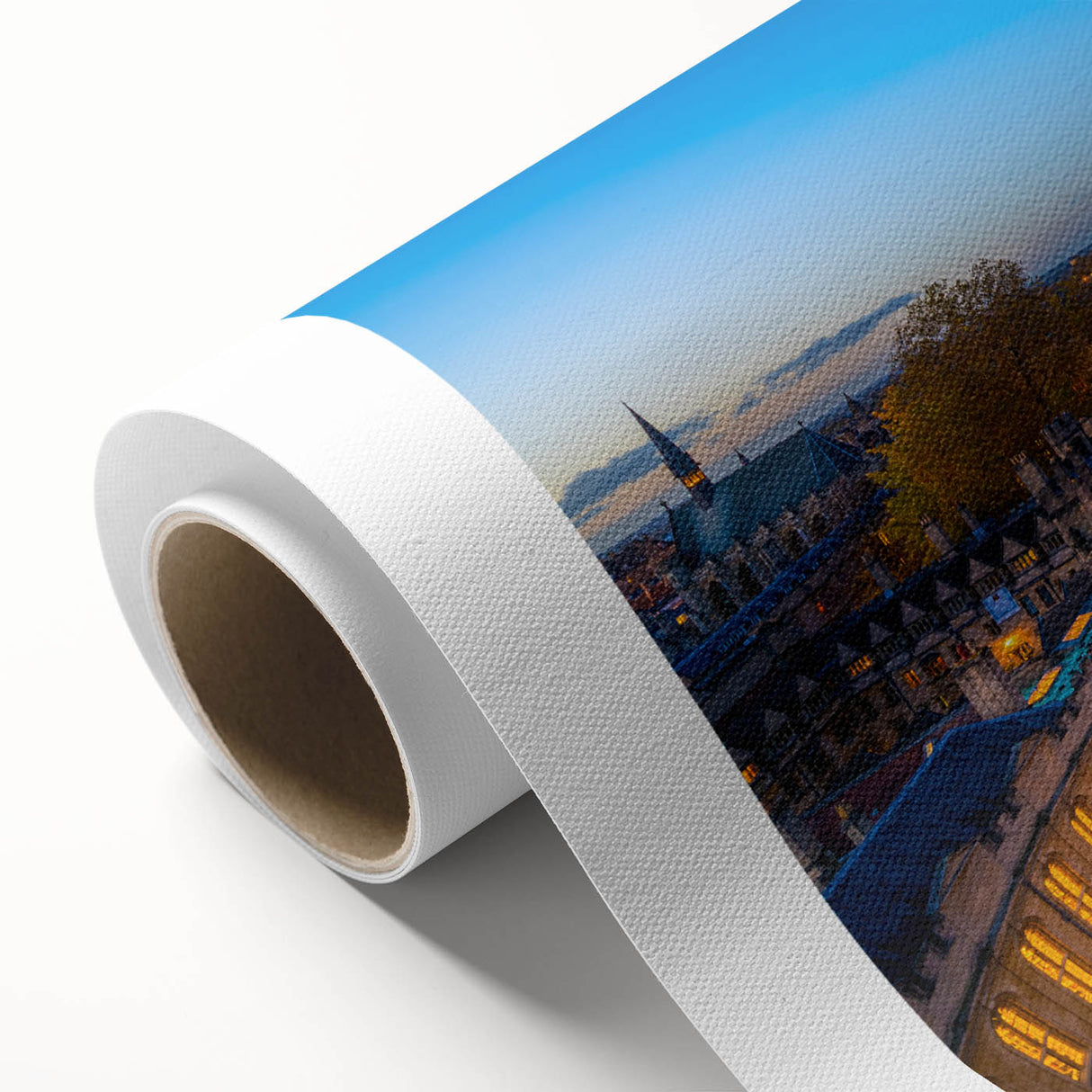 Art deco poster of Oxford scenery in muted earth tones on rolled canvas, ideal for nursery wall art.