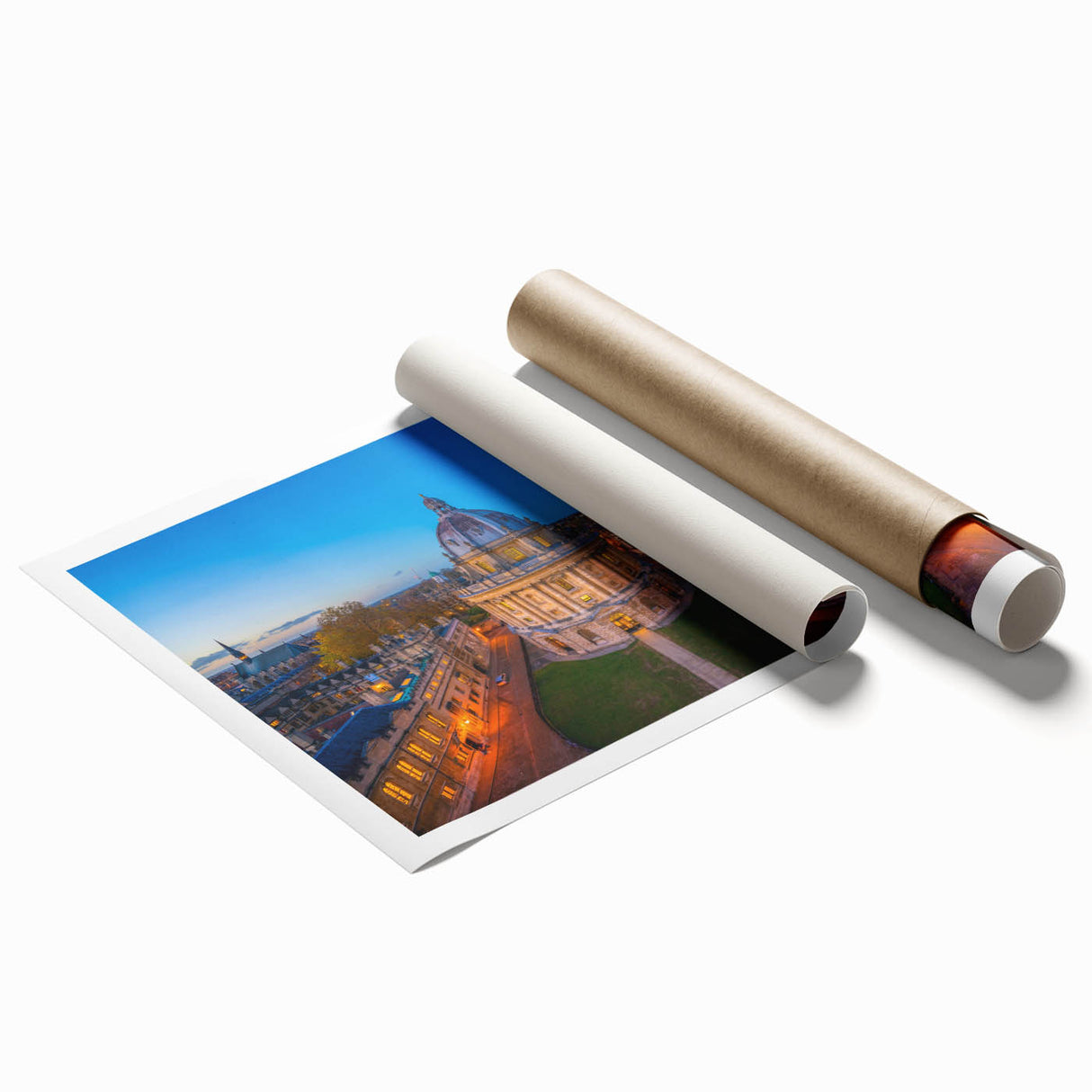 Extra large rolled print of Oxford scenery with muted earth tones, ideal for classy bathroom wall art.
