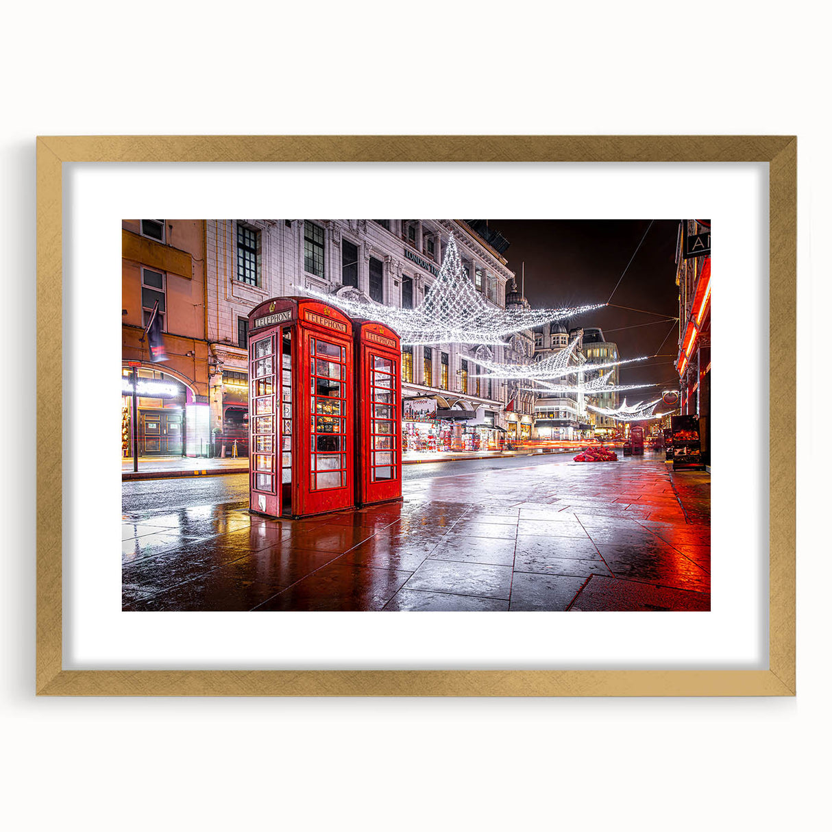 Abstract art print depicting a vibrant, colorful European cityscape, framed in gold and ideal for dining room decor.