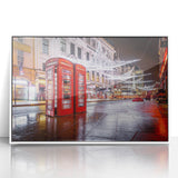 Mid-century modernist art of Piccadilly, England in muted colors on a framed acrylic, suitable for nursery wall art.