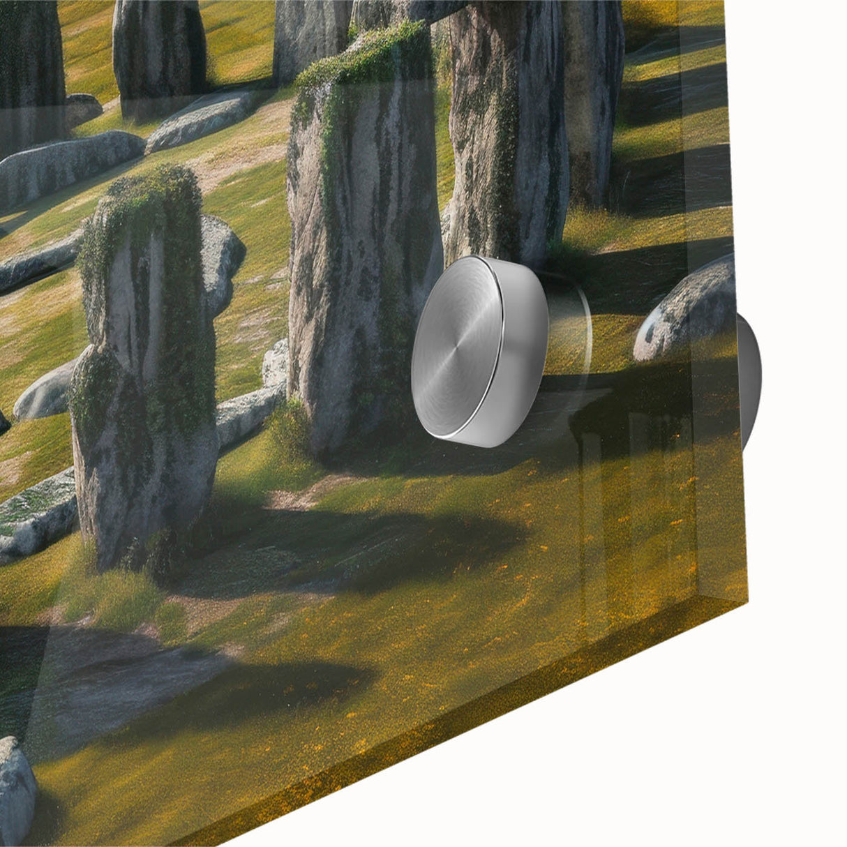 Mid-century modernist style acrylic print of Stonehenge in muted earth tones, ideal for dining room art.
