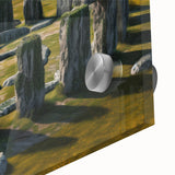 Mid-century modernist style acrylic print of Stonehenge in muted earth tones, ideal for dining room art.