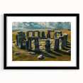 Extra large framed print of an abstract depiction of Stonehenge in vibrant, textured colors, ideal for living room decor.