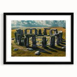 Extra large framed print of an abstract depiction of Stonehenge in vibrant, textured colors, ideal for living room decor.