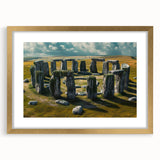 Abstract art print of Stonehenge in muted earth tones on a framed canvas, suitable for dining room decor.