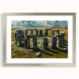Extra large wall art depicting an abstract rendition of Stonehenge in textured grays and whites, framed in silver.