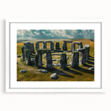 Textured art print of Stonehenge in muted earth tones on a framed white mat, ideal for bedroom art.
