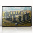 Large abstract wall art depicting Stonehenge in muted earth tones on a framed acrylic, ideal for modern living room decor.