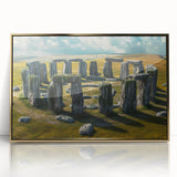 Art deco poster of Stonehenge in muted earth tones on a framed acrylic, suitable for modern art wall decor.