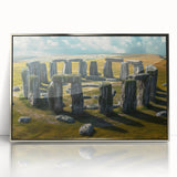 Mid-century modernist art depicting Stonehenge in muted earth tones on a silver-framed acrylic.