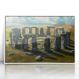Mid-century modernist art depicting Stonehenge in muted earth tones on a white framed acrylic.