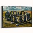 Black and white framed canvas of Stonehenge landscape, ideal for bedroom wall decor.