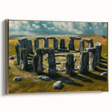 Framed canvas of Stonehenge in muted earth tones, ideal for bedroom wall art with a vintage poster style.