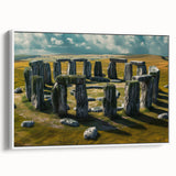 Vintage poster art of Stonehenge on a framed canvas, featuring muted earth tones, ideal for living room decor.