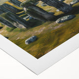 Art deco poster of Stonehenge in muted earth tones on rolled canvas, suitable for dining room wall art.