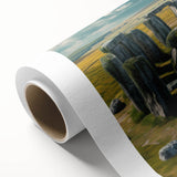 Art Deco-style poster of Stonehenge in muted earth tones on rolled canvas, ideal for nursery wall art.