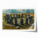 Stonehenge image with muted earth tones on a rolled canvas, suitable as art wall dining room decor.