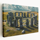 Side view of a Stonehenge print on stretched canvas, depicting muted earth tones, ideal for kitchen wall art.