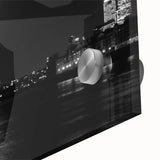 Mid-century modernist Thames River scene in muted blues and grays on large acrylic glass, ideal for dining room art.