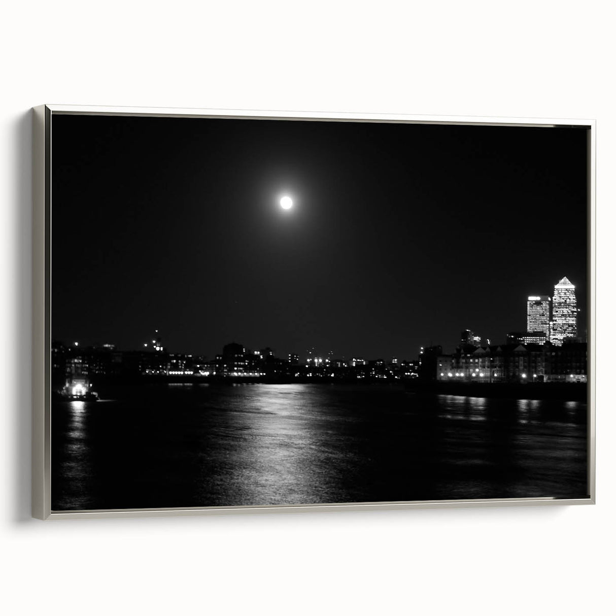 Framed canvas featuring a vintage-style landscape art painting of the Thames River in England, with muted colors.