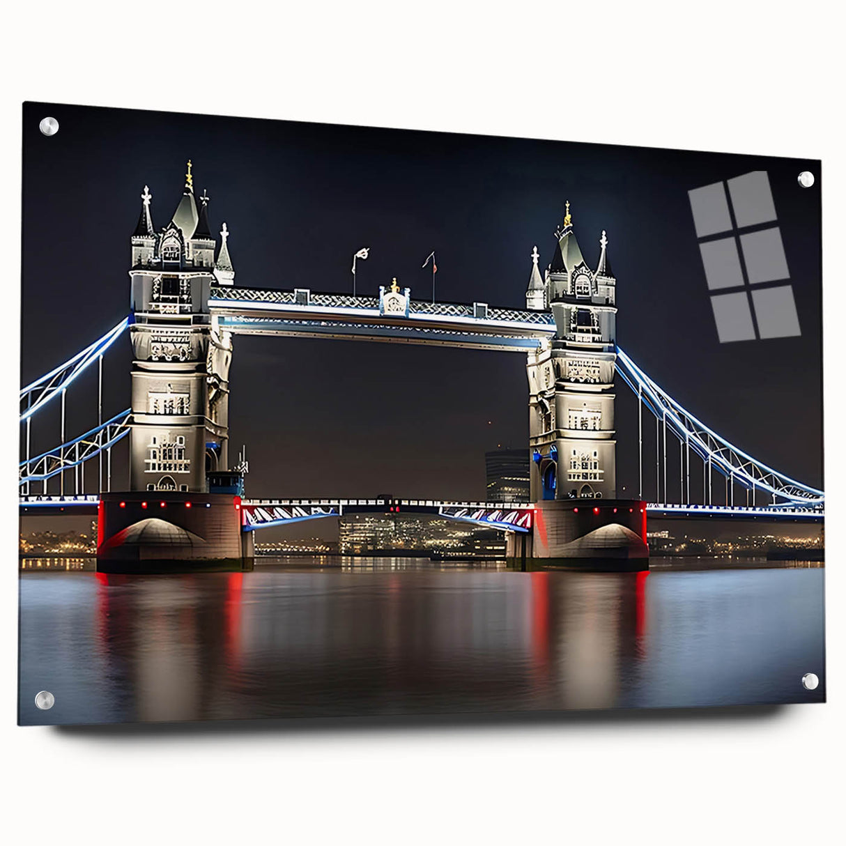 Acrylic print of Tower Bridge with muted gray and blue tones, ideal for modern bedroom or dining room decor.