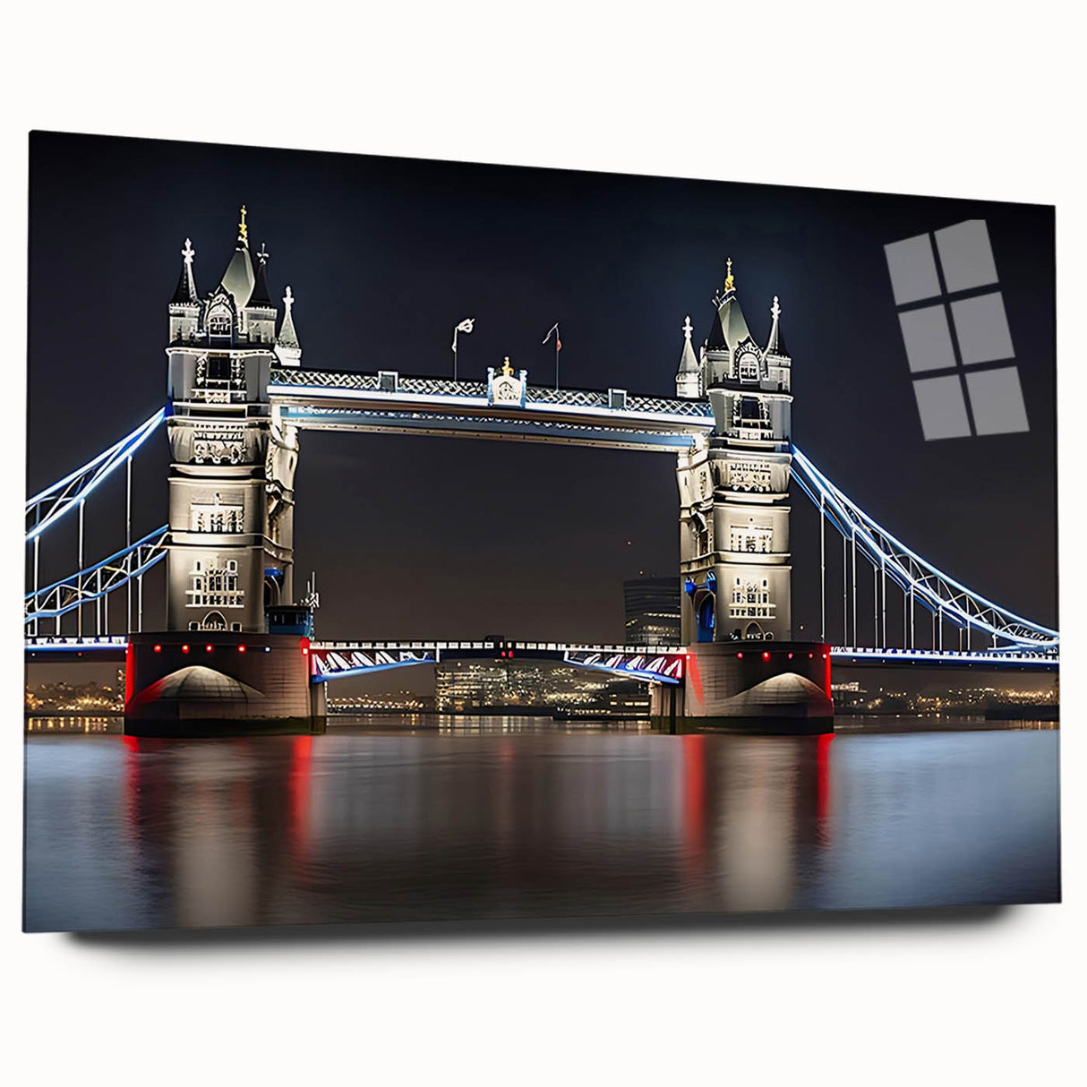 Acrylic print of Tower Bridge in muted gray and blue tones, ideal for bedroom or dining room art.