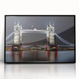 Large abstract wall art of Tower Bridge in muted gray and blue tones on framed acrylic, suitable for modern art wall decor.
