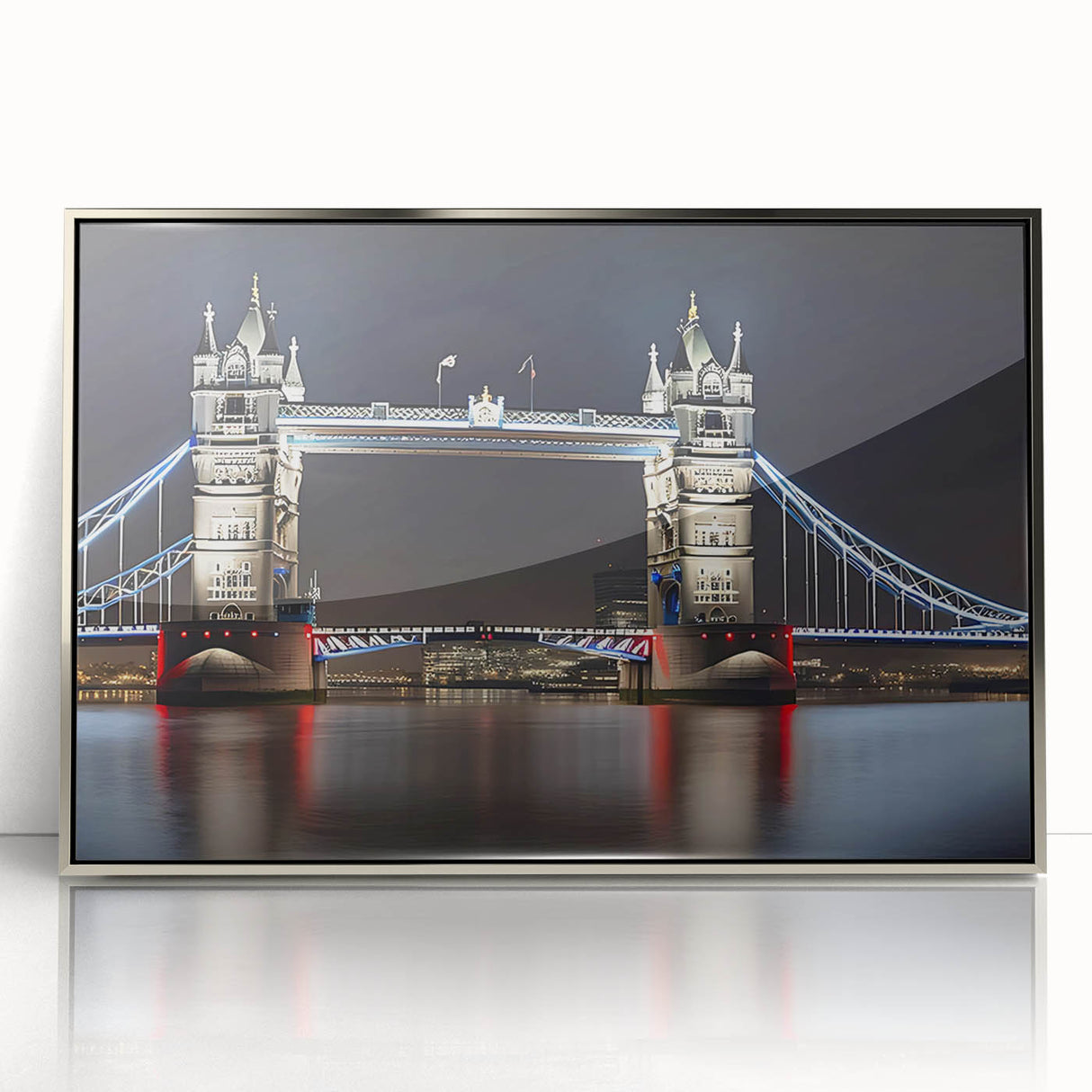 Acrylic print of Tower Bridge in muted blue and gray, framed in silver, ideal for modern art wall decor.
