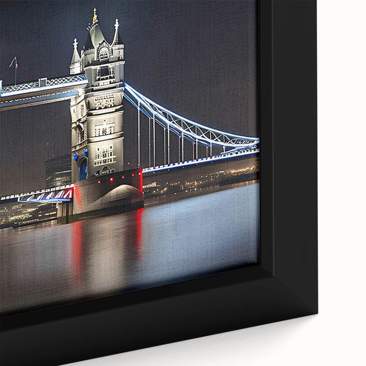 Extra large framed canvas of the Tower Bridge with black and colorful textured art, ideal for living room decor.