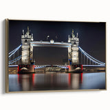 Framed canvas of Tower Bridge in black and gold tones, ideal for bedroom wall art.