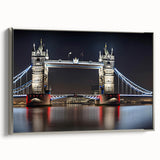 Landscape art painting of Tower Bridge in muted gray and silver tones on a framed canvas.