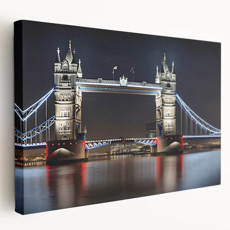 Side view of a large canvas depicting the Tower Bridge in muted gray and blue tones, ideal for kitchen wall art.