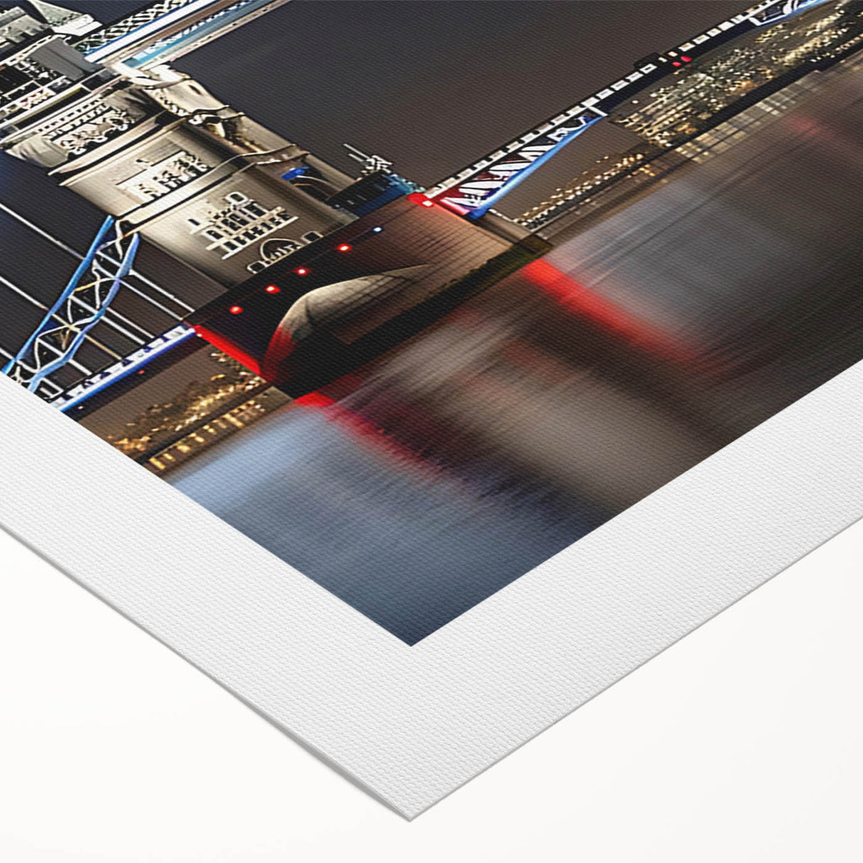 Art deco poster of Tower Bridge with muted blue and gray tones on rolled canvas, suitable for dining room wall art.
