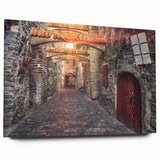 Large abstract wall art of a European cityscape in muted gray and blue tones on acrylic glass.