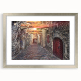 Extra large abstract art print of a textured European scenery in muted earth tones, framed in silver.