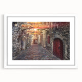 Textured abstract art print depicting a muted blue and gray European scenery on a framed white mat, ideal for bedroom art.