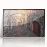 Large art print of a European Estonia scenery in muted green and blue tones, framed in silver acrylic.