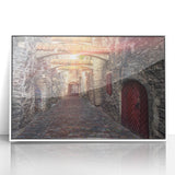 Mid-century modernist art depicting a serene Estonian landscape in muted green and blue tones, framed acrylic.