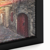 Extra large framed canvas of a textured black wall art depicting colorful European scenery, ideal for living room decor.