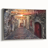 Landscape art painting of a European scenery on a framed canvas, featuring muted earth tones, ideal for living room decor.